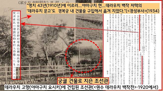 <경성부사>(1934)는 “야마구치현 데라우치 백작 저택의 ‘데라우치 문고(도서관)’는 경복궁 내 건물을 구입해서 이축했다”고 언급했다. 데라우치의 전기인 <원수 데라우치 백작전>은 데라우치의 고향에 지은 ‘조선관’을 담은 사진을 게재했다.