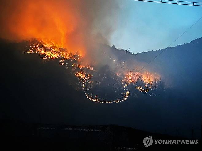 (안동=연합뉴스) 경북 의성 산불이 안동 길안면으로 번져 25일 이틀째 확산하고 있다. 지난 22일 의성군 안평면·안계리에서 발생한 산불의 불씨는 24일 오후 4시께 강풍을 타고 북동쪽으로 20여㎞ 이상 떨어진 안동시 길안면까지 덮쳤다. 2025.3.25 [안동시 제공. 재판매 및 DB 금지] haru@yna.co.kr 연합뉴스