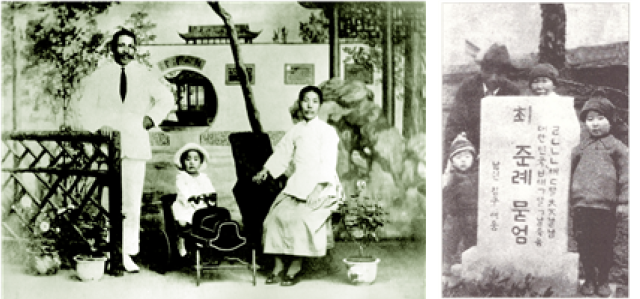 ▲상하이 초기 김구 일가의 빛과 그림자. 왼쪽은 김구-최준례 부부와 큰아들 김인이 합류해 단란하던 1920년 초, 오른쪽은 작은아들 김신이 태어나고 어머니 곽낙원까지 합류해 다섯 식구가 '재미있는 가정'으로 살다 '대한민국 6년(1924년) 1월 1일' 숨진 아내 최준례의 장례 직후. ⓒ필자 제공