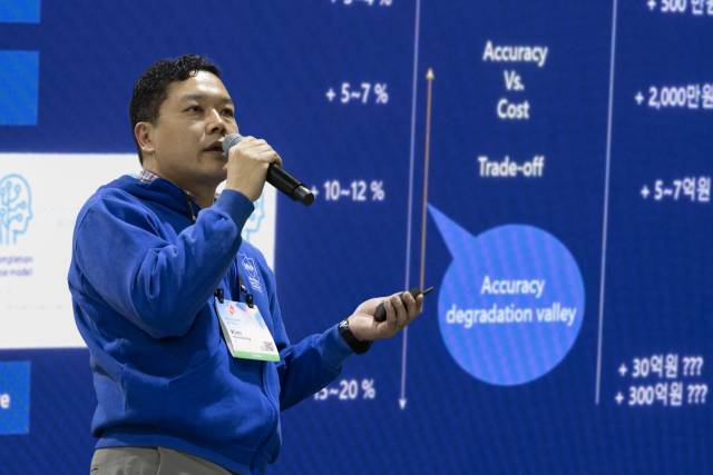 김훈동 KT 전략·사업컨설팅부문 AI 리드가 26일 서울 서초구 양재 aT센터에서 마이크로소프트(MS) 주최로 열린 ‘MS AI 투어 인 서울’에 참석해 은행 대출 상담·심사용 AI를 포함한 한국적 AI의 국내 산업계 적용 사례를 발표하고 있다. 사진 제공=KT