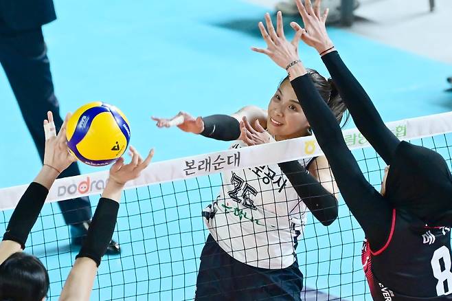 공격하는 도로공사의 타나차(중앙) [한국배구연맹 제공. 재판매 및 DB 금지]