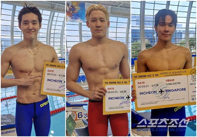 28일 국가대표선발전에서 싱가포르세계수영선수권 자력진출권 3장을 추가로 확보했다.왼쪽부터 남자자유형 400m 김우민, 접영 100m 김영범, 개인혼영 400m 김민섭. 사진제공=대한수영연맹