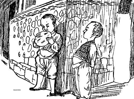 1938년 10월 2일 동아일보 '고까짓것' 삽화의 호떡 그림. 호떡이 아이 얼굴만큼 크다. 한겨레출판 제공