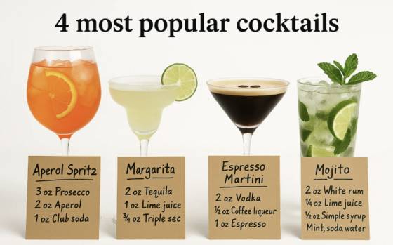 '챗GPT-4o 이미지 제네레이션'이 생성한 칵테일 레시피. 프롬프트에는 "칵테일에 대한 사실적인 다이어그램을 만들어줘. 각 음료 앞에 손으로 쓴 레시피를 적어줘. 갈색 카드, 검정색 텍스트, 제목은 '가장 인기 있는 칵테일 4가지'"라고 입력했다. 사진 오픈AI