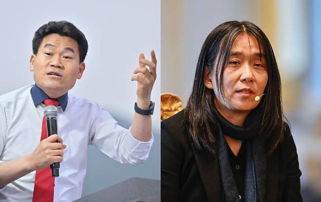 [서울=뉴시스] 한국사 강사 전한길씨(왼쪽)가 '한 줄 성명'을 발표한 한강 작가(오른쪽)에 대해  "침묵했어야 한다"고 비판했다. (출처=뉴시스DB) 2025.03.28. photo@newsis.com *재판매 및 DB 금지