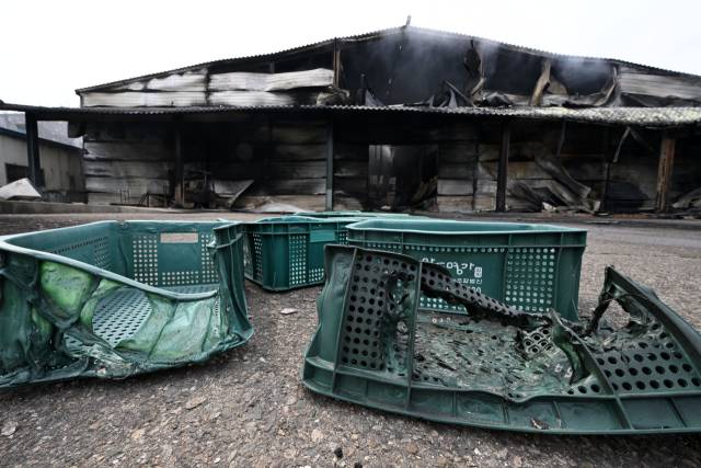 경북 의성에서 시작된 산불이 확산되며 피해가 이어진 28일 경북 안동시 남후농공단지 내 공장과 집기류들이 산불로 피해를 입어 검게 타 있다. 안동=조태형 기자