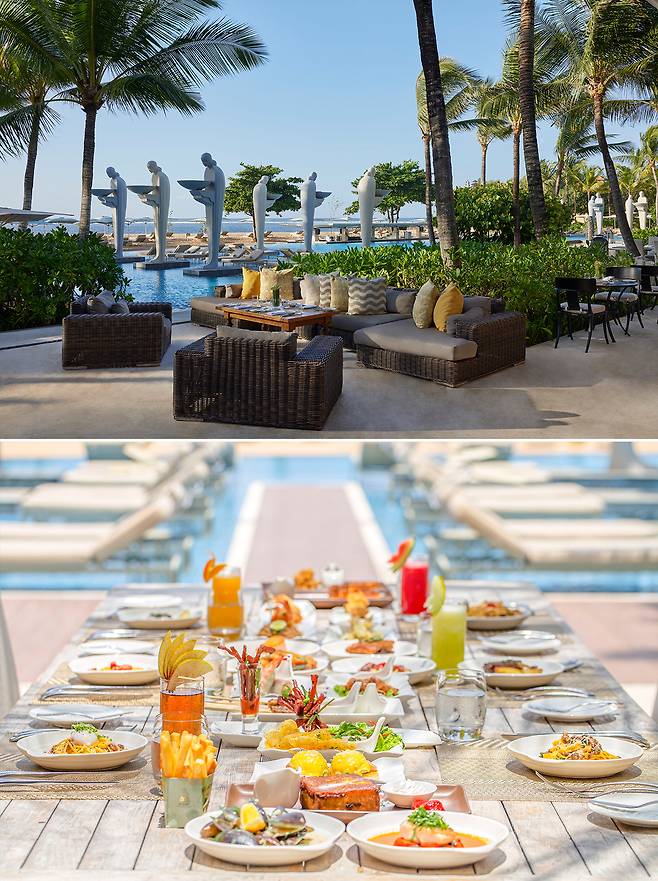 솔레일 레스토랑 야외 테이블과 주말 브런치. 사진제공|팜투어