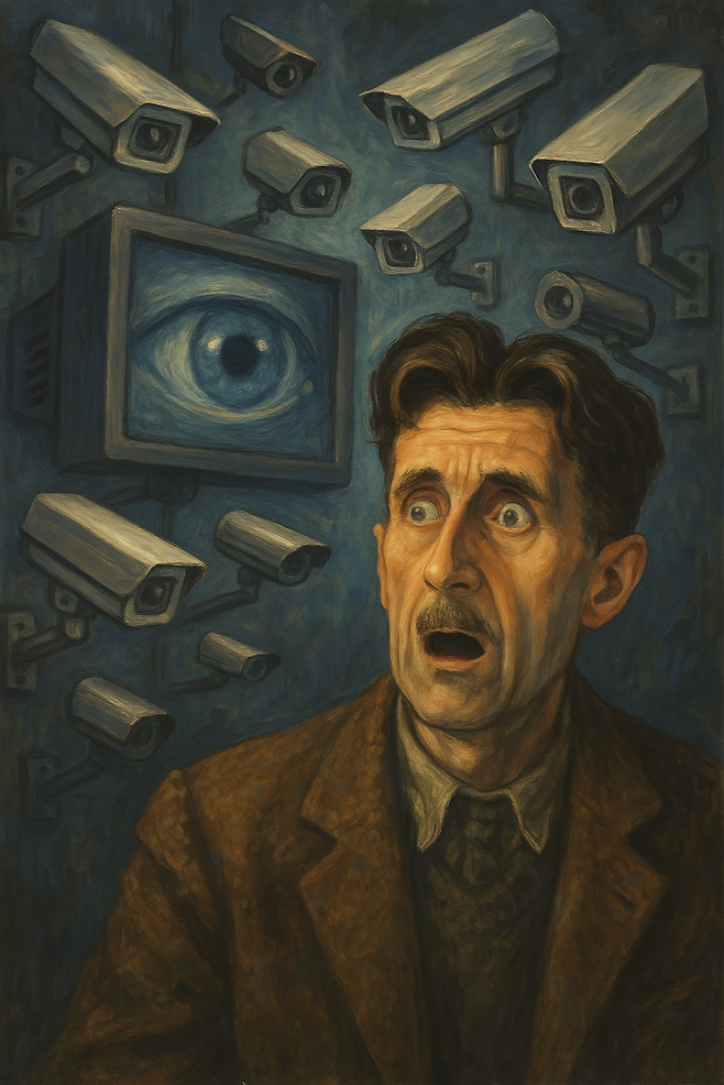 조지 오웰이 감시 카메라에 둘러싸여 놀라운 표정을 짓고 있는 그림을 그려달라고 요청하자 AI가 출력한 그림. DALL-E3