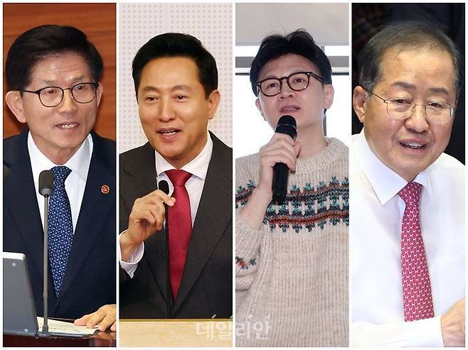여권 대권주자로 꼽히는 인물 중 각종 여론조사에서 지지율 상위권 4인. (왼쪽부터) 김문수 고용노동부 장관, 오세훈 서울특별시장, 한동훈 국민의힘 전 대표, 홍준표 대구광역시장 ⓒ데일리안DB