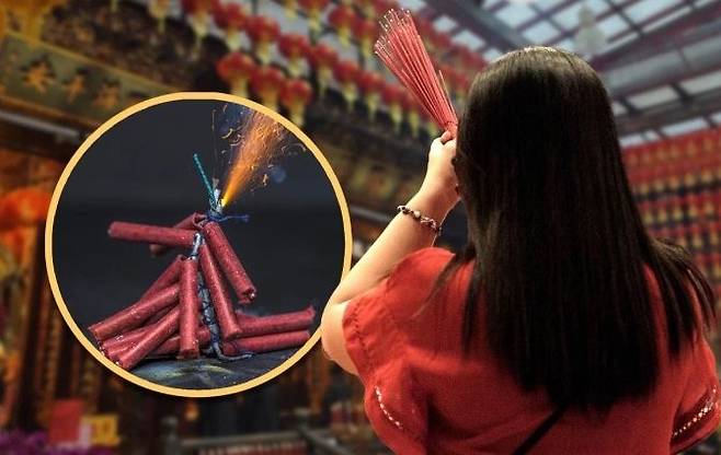 대만의 한 임산부가 다리 사이에 폭죽을 끼우는 의식을 따르다가 유산을 하고 심각한 화상을 입었다. [사진출처 = SCMP]