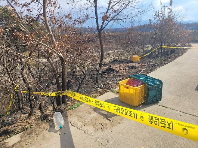 경북 의성 산불의 발화 지점인 안계면 양곡리 한 과수원에서 불법 소각한 흔적이 남아 있다. 여기서 난 산불이 안동시 일직면과 남후면을 거쳐 세계문화유산이 있는 풍천면 하화마을까지 접근한 것으로 추정된다. [사진 = 독자]