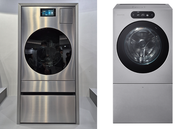 삼성전자가 올해 출시를 예고한 프리미엄 세탁건조기 ‘인피니트 AI 콤보’(왼쪽)와 LG전자가 지난해 2월 출시한 ‘시그니처 세탁건조기’. [김현일 기자·LG전자 제공]