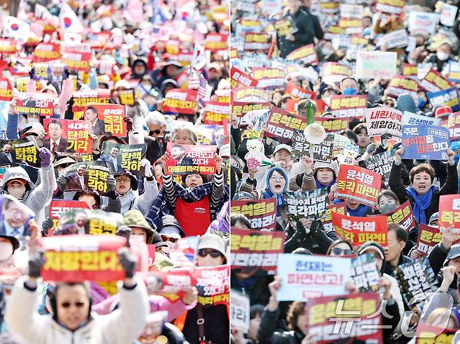 29일 오후 자유통일당 등 보수단체(왼쪽)와 비상행동 등 진보단체 관계자 및 시민들이 각각 중구 동화면세점과 종로구 동십자각 앞에서 윤석열 대통령 탄핵 반대·찬성 집회를 열고 구호를 외치고 있다. 2025.3.29/뉴스1 ⓒ News1 민경석 기자