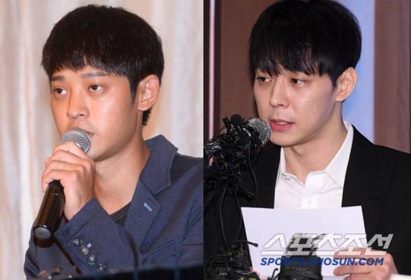 2016년 정준영 기자회견(왼쪽). 2019년 박유천 기자회견(오른쪽) 사진=스포츠조선DB