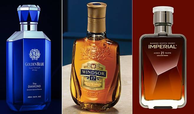 (왼쪽부터) 골든블루, 윈저, 임페리얼 위스키. /각사 홈페이지