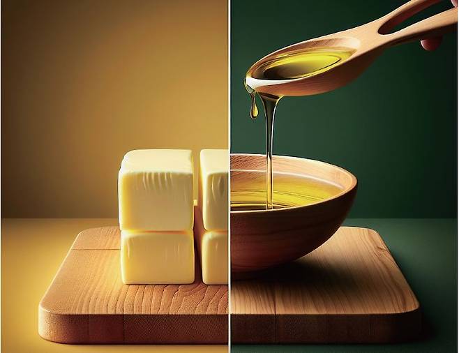 버터와 올리브유. 동물성 포화 지방인 버터를 과다 섭취하면 사망 위험률이 15% 올라간다는 연구 결과가 나왔다. 버터를 올리브유로 대체하면 암 사망 위험률이 17% 감소했다. /사진 셔터스톡