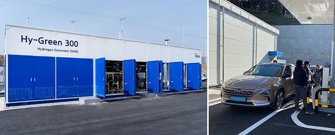 충주 바이오 그린수소 충전소에 설치된 현대로템의 수소추출기(왼쪽)와 수소추출기가 설치된 삼척수소충전소.  /현대로템 제공