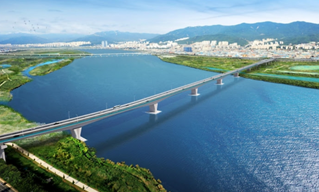 부산 강서구 식만JCT와 사상구 삼락동을 연결하는 대저대교 조감도. 총 연장 8.24㎞, 4차로로 건설되며, 2030년 8월 준공 예정이다.