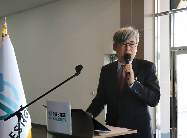 프레스티지바이오로직스 신임 대표이사로 김진우 부회장이 선임됐다. 사진은 취임식에 참석한 김 대표. /사진=프레스티지바이오로직스