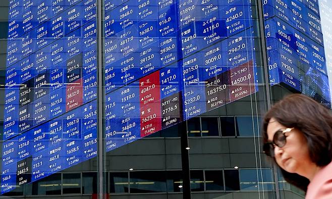 지난 28일 일본 도쿄의 도쿄증권거래소에 설치된 전광판에 닛케이225 지수가 표시되고 있다. AFP연합뉴스