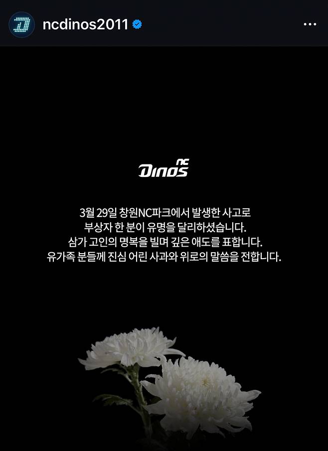 NC 다이노스 구단이 공식 SNS 채널을 통해 희생자를 향한 깊은 애도의 뜻을 표했다. /사진=NC 다이노스 공식 SNS 갈무리