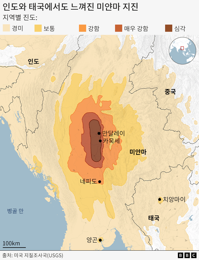 진동이 가장 강하게 느껴진 곳을 표시한 지도