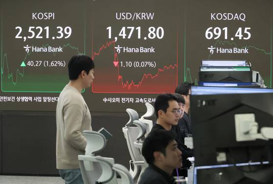 A screen in Hana Bank's trading room in central Seoul shows the Kospi closing at 2,521.39 points on April 1, up 40.27 points, or 1.62 percent, from the previous trading session. [YONHAP]