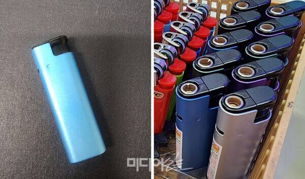 ▲산불 현장에서 발견된 라이터와 동일한 라이터. 서울 영등포구 미디어오늘 사무실 근처 편의점에서도 구매할 수 있다. 사진=미디어오늘