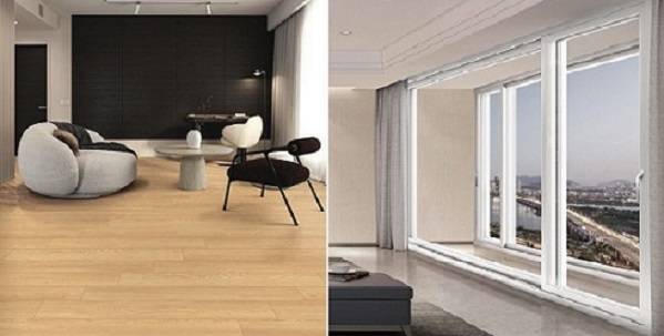 에넥스가 상담 판매하는 KCC글라스 홈씨씨인테리어 바닥재(왼쪽)와 창호 리모델링 상품. [에넥스 제공]