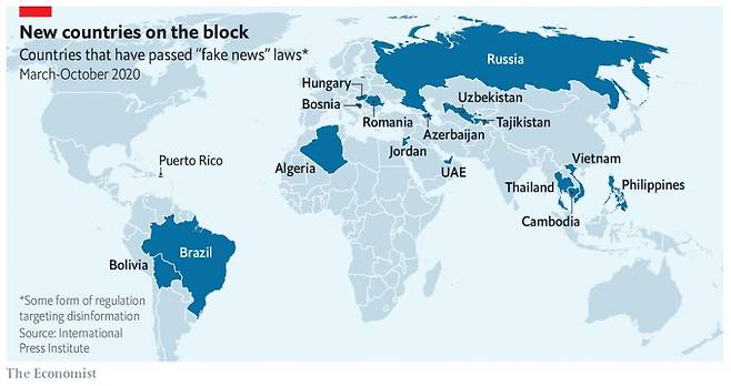 지난해 3~10월 사이 ‘가짜 뉴스 방지법’이란 이름의 언론 통제 법안을 통과시킨 국가들. [이코노미스트]