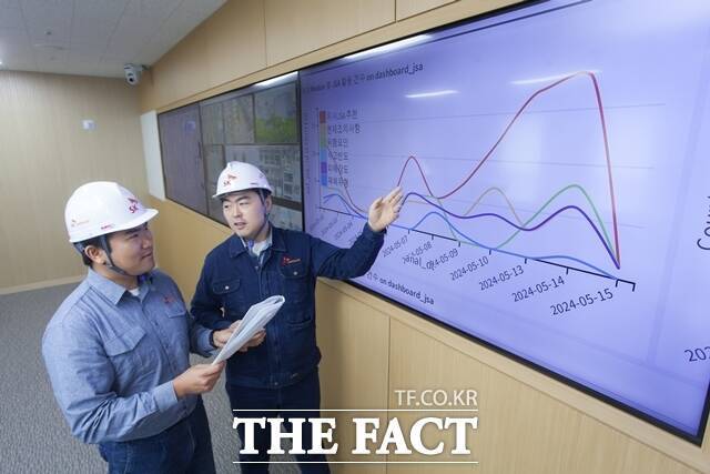 SK케미칼이 유디엠텍과 생성형 AI 기반 안전 관리 시스템 원천 기술 사용권에 대한 공급 계약을 체결했다. SK케미칼 구성원들이 안전 관리 시스템을 살펴보고 있다. /SK케미칼
