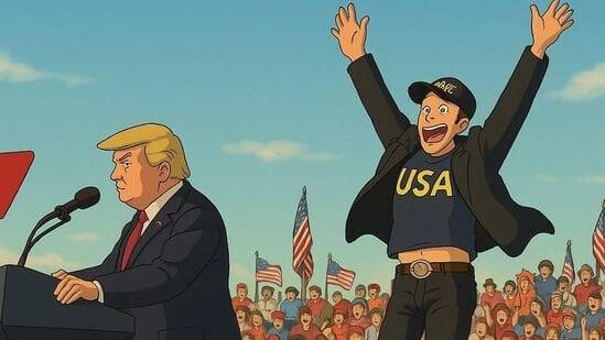 오픈에이아이(AI)의 ‘챗지피티(ChatGPT)-포오(4o) 이미지 생성 모델’이 일본 애니메이션 제작사 ‘스튜디오 지브리\' 스타일로 구현한 도널드 트럼프 미국 대통령(왼쪽)과 일론 머스크 테슬라 최고경영자(CEO). 이 이미지는 미국 최대 온라인 커뮤니티 ‘레딧’에서 큰 화제를 모았다. 레딧 갈무리