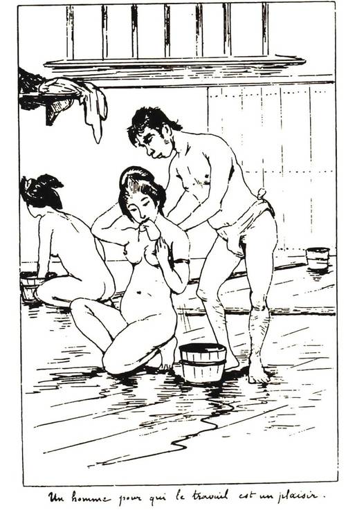 산스케가 여성 손님의 등을 씻겨주는 모습을 그린 삽화.