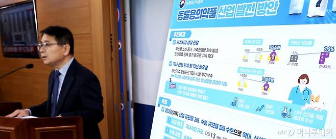 (세종=뉴스1) 김기남 기자 = 최정록 농림축산식품부 방역정책국장이 1일 세종시 정부세종청사에서 동물용의약품 산업 발전 방안을 발표하고 있다.  1조 3,000억 원 수준의 산업 규모를 2035년까지 3배로, 3,000억 원 수준의 수출 규모를 5배 수준으로 확대하기 위해 연구개발 강화, 규제혁신, 수출 지원 확대, 품질 및 안전성 강화 등 4대 전략을 추진 한다고 밝혔다. 2025.4.2/뉴스1  Copyright (C) 뉴스1. All rights reserved. 무단 전재 및 재배포,  AI학습 이용 금지. /사진=(세종=뉴스1) 김기남 기자