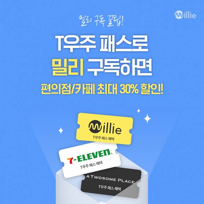 KT 밀리의서재가 SK텔레콤과 서비스 제휴를 맺고 'T 우주'에 서비스를 입점했다. 또한 'T 우주패스 with 밀리의서재' 상품 출시를 기념해 오는 30일까지 T 우주를 통해 밀리의서재를 신규 구독한 고객 중 선착순 5000명에게 커피 쿠폰을 증정하는 이벤트를 진행한다. /사진=밀리의서재
