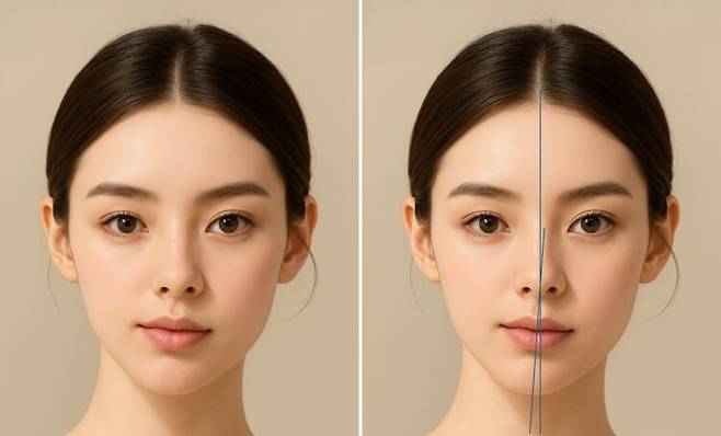 코아래를 기준으로 중안면과 하안면의 중심선의 각도가 꺾이는 것이 흔히 볼수 있는 비대칭의 형태입니다.