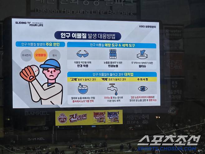 한화생명 볼파크, 경기전 전광판을 통해 야구장에서의 위험 안내가 고지되고 있다. 김영록 기자
