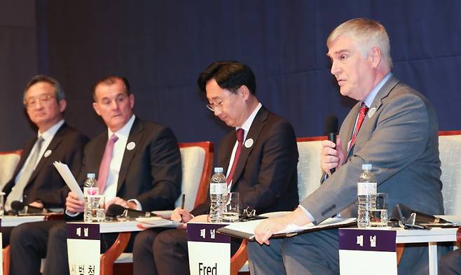 프레드 플라이츠 미국우선주의정책연구소(AFPI) 부소장이 3일 서울 중구 프레스센터에서 열린 제40차 세종국가전략포럼 ‘트럼프 2기 행정부와 동아시아 안보’에서 한미동맹과 북핵 해법을 주제로 발언을 하고 있다. /사진=뉴스1화상