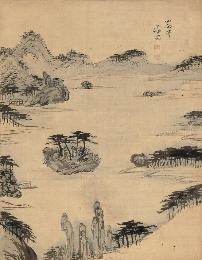 사선정(해악전신첩, 보물). 사선정은 강원도 고성군의 삼일포 또는 삼일호라고 불리는 호수의 중앙에 있는 큰 바위섬에 세워진 정자다. 대담한 화면 구성과 추상적으로 변한 화풍이 잘 드러난 작품이다. /간송미술문화재단