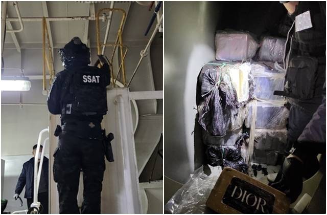 선박을 수색하는 동해해경청과 서울본부세관. 오른쪽 사진은 선박 내부에서 발견된 코카인 의심 물질. 동해지방해양경찰청 제공, 연합뉴스