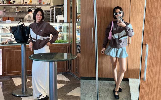 브라운 바람막이에 두 종류의 스커트를 입은 김나영. /김나영 인스타그램