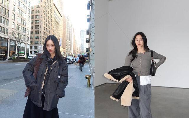 데님과 블랙 원피스를, 무스탕에 카디건을 걸친 혜리. /혜리 인스타그램