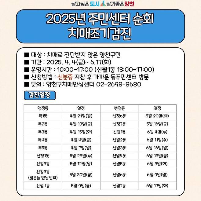 주민센터 순회 치매검진 안내 이미지. 양천구 제공.