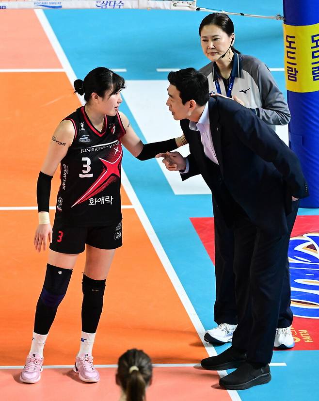 ▲ 정관장 염혜선과 고희진 감독이 이야기를 나누고 있다. ⓒKOVO