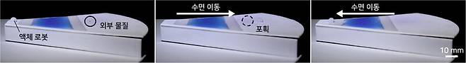 액체 로봇이 수면 위를 이동해 외부 물질을 포획한 후, 원래 위치로 복귀하는 모습. 서울대 공대 제공
