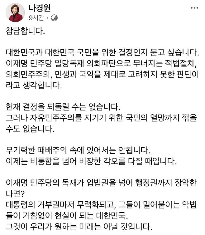 나경원 국민의힘 의원 페이스북 일부 캡처