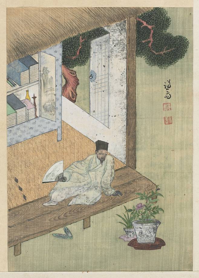 독서여가도(경교명승첩, 보물). 겸재의 자화상으로 추정된다. 선비의 휴식하는 모습을 맑은 필치로 그려낸 이 작품은 겸재의 흔치 않은 인물화 중 하나다. /간송미술문화재단