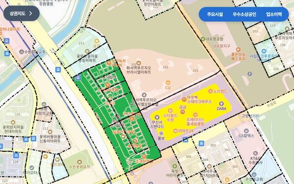 화서역 먹자골목(초록색)과 스타필드(노란색)를 빅데이터플랫폼 ‘소상공인 365’ 상권지도에 표시한 자료. 소상공인 365 화면 캡쳐