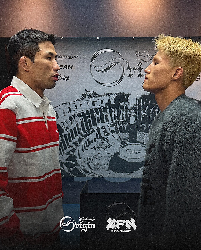 더블지 두 체급 챔피언 박찬수(왼쪽)가 2025년 4월 서울특별시 서초구 스포모티브 ZFN Origin 코-메인이벤트 계체 통과 후 2024 로드FC 신인왕 김시왕과 마주 보고 있다. 사진=MCP ECC