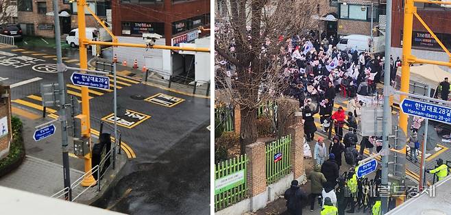 5일 오전 서울 용산구 한남동 대통령 관저 옆의 한산한 한남초등학교(왼쪽), 지난 1월 윤석열 전 대통령 체포 영장 집행을 막기 위해 한남초에 모여들었던 윤 전 대통령 지지자들. 이영기 기자.